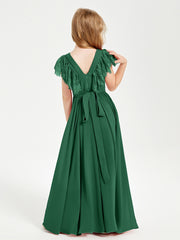 Robes de Demoiselle d'Honneur Junior avec Manches Flottantes en Dentelle Vert Foncé