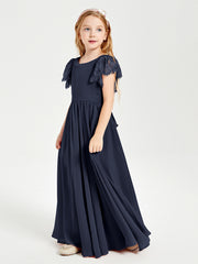 Robes de Demoiselle d'Honneur Junior avec Manches Flottantes en Dentelle Bleu Marine