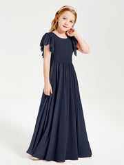 Robes de Demoiselle d'Honneur Junior avec Manches Flottantes en Dentelle Bleu Marine