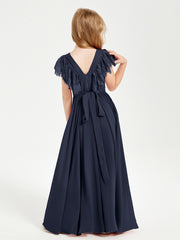 Robes de Demoiselle d'Honneur Junior avec Manches Flottantes en Dentelle Bleu Marine