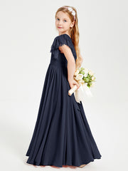 Robes de Demoiselle d'Honneur Junior avec Manches Flottantes en Dentelle Bleu Marine