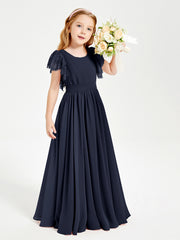Robes de Demoiselle d'Honneur Junior avec Manches Flottantes en Dentelle Bleu Marine
