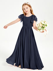 Robes de Demoiselle d'Honneur Junior avec Manches Flottantes en Dentelle Bleu Marine