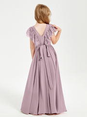 Robes de Demoiselle d'Honneur Junior avec Manches Flottantes en Dentelle Dusk