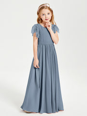 Robes de Demoiselle d'Honneur Junior avec Manches Flottantes en Dentelle Bleu Poudré