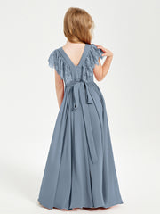 Robes de Demoiselle d'Honneur Junior avec Manches Flottantes en Dentelle Bleu Poudré