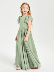 Robes de Demoiselle d'Honneur Junior avec Manches Flottantes en Dentelle Sauge Poudrée