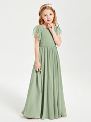 Robes de Demoiselle d'Honneur Junior avec Manches Flottantes en Dentelle Sauge Poudrée