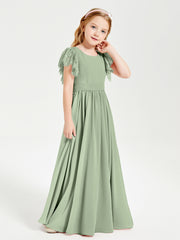 Robes de Demoiselle d'Honneur Junior avec Manches Flottantes en Dentelle Sauge Poudrée