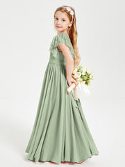 Robes de Demoiselle d'Honneur Junior avec Manches Flottantes en Dentelle Sauge Poudrée