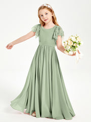 Robes de Demoiselle d'Honneur Junior avec Manches Flottantes en Dentelle Sauge Poudrée