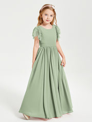 Robes de Demoiselle d'Honneur Junior avec Manches Flottantes en Dentelle Sauge Poudrée