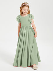 Robes de Demoiselle d'Honneur Junior avec Manches Flottantes en Dentelle Sauge Poudrée