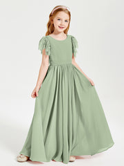 Robes de Demoiselle d'Honneur Junior avec Manches Flottantes en Dentelle Sauge Poudrée