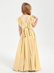 Robes de Demoiselle d'Honneur Junior avec Manches Flottantes en Dentelle Or