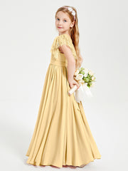 Robes de Demoiselle d'Honneur Junior avec Manches Flottantes en Dentelle Or