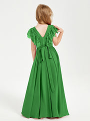 Robes de Demoiselle d'Honneur Junior avec Manches Flottantes en Dentelle Vert