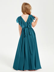 Robes de Demoiselle d'Honneur Junior avec Manches Flottantes en Dentelle Bleu Encre