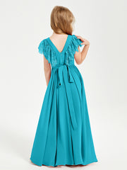 Robes de Demoiselle d'Honneur Junior avec Manches Flottantes en Dentelle Jade