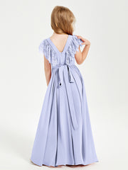 Robes de Demoiselle d'Honneur Junior avec Manches Flottantes en Dentelle Lavande