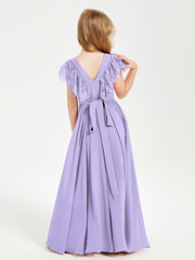 Robes de Demoiselle d'Honneur Junior avec Manches Flottantes en Dentelle Lilas