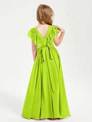 Robes de Demoiselle d'Honneur Junior avec Manches Flottantes en Dentelle Vert Citron