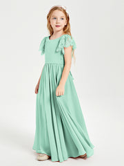 Robes de Demoiselle d'Honneur Junior avec Manches Flottantes en Dentelle Vert Menthe