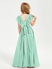 Robes de Demoiselle d'Honneur Junior avec Manches Flottantes en Dentelle Vert Menthe