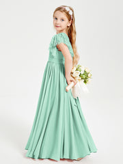 Robes de Demoiselle d'Honneur Junior avec Manches Flottantes en Dentelle Vert Menthe