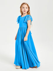 Robes de Demoiselle d'Honneur Junior avec Manches Flottantes en Dentelle Bleu Océan