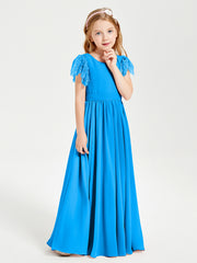 Robes de Demoiselle d'Honneur Junior avec Manches Flottantes en Dentelle Bleu Océan