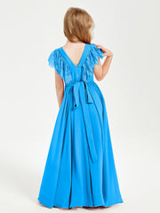 Robes de Demoiselle d'Honneur Junior avec Manches Flottantes en Dentelle Bleu Océan