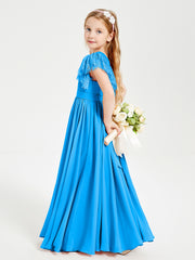 Robes de Demoiselle d'Honneur Junior avec Manches Flottantes en Dentelle Bleu Océan
