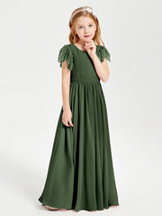 Robes de Demoiselle d'Honneur Junior avec Manches Flottantes en Dentelle Olive Verte