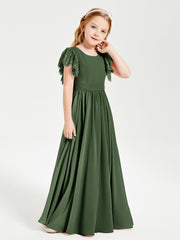 Robes de Demoiselle d'Honneur Junior avec Manches Flottantes en Dentelle Olive Verte