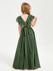 Robes de Demoiselle d'Honneur Junior avec Manches Flottantes en Dentelle Olive Verte