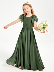Robes de Demoiselle d'Honneur Junior avec Manches Flottantes en Dentelle Olive Verte