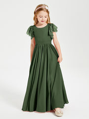Robes de Demoiselle d'Honneur Junior avec Manches Flottantes en Dentelle Olive Verte