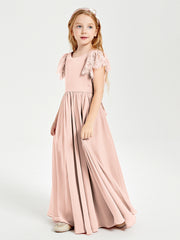 Robes de Demoiselle d'Honneur Junior avec Manches Flottantes en Dentelle Rose Perle
