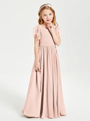 Robes de Demoiselle d'Honneur Junior avec Manches Flottantes en Dentelle Rose Perle
