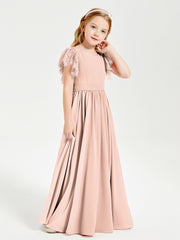 Robes de Demoiselle d'Honneur Junior avec Manches Flottantes en Dentelle Rose Perle