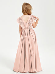 Robes de Demoiselle d'Honneur Junior avec Manches Flottantes en Dentelle Rose Perle