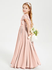 Robes de Demoiselle d'Honneur Junior avec Manches Flottantes en Dentelle Rose Perle
