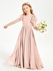Robes de Demoiselle d'Honneur Junior avec Manches Flottantes en Dentelle Rose Perle
