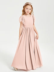 Robes de Demoiselle d'Honneur Junior avec Manches Flottantes en Dentelle Rose Perle