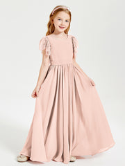 Robes de Demoiselle d'Honneur Junior avec Manches Flottantes en Dentelle Rose Perle
