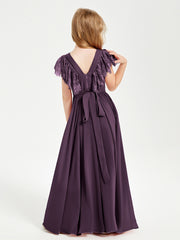 Robes de Demoiselle d'Honneur Junior avec Manches Flottantes en Dentelle Plum