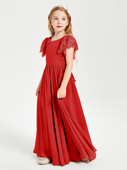 Robes de Demoiselle d'Honneur Junior avec Manches Flottantes en Dentelle Rouge