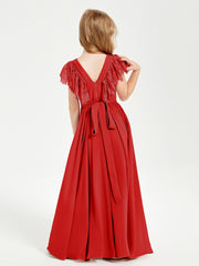 Robes de Demoiselle d'Honneur Junior avec Manches Flottantes en Dentelle Rouge