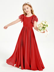 Robes de Demoiselle d'Honneur Junior avec Manches Flottantes en Dentelle Rouge